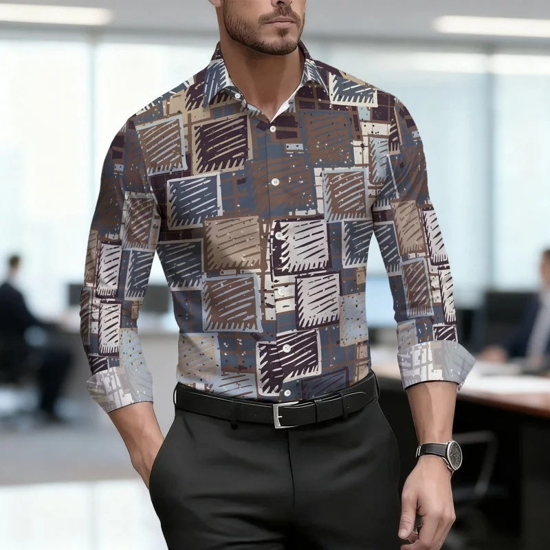 Men's shirt with geometric block print, slim fit, business commuting long sleeved shirt, spring and autumn trendy casual top