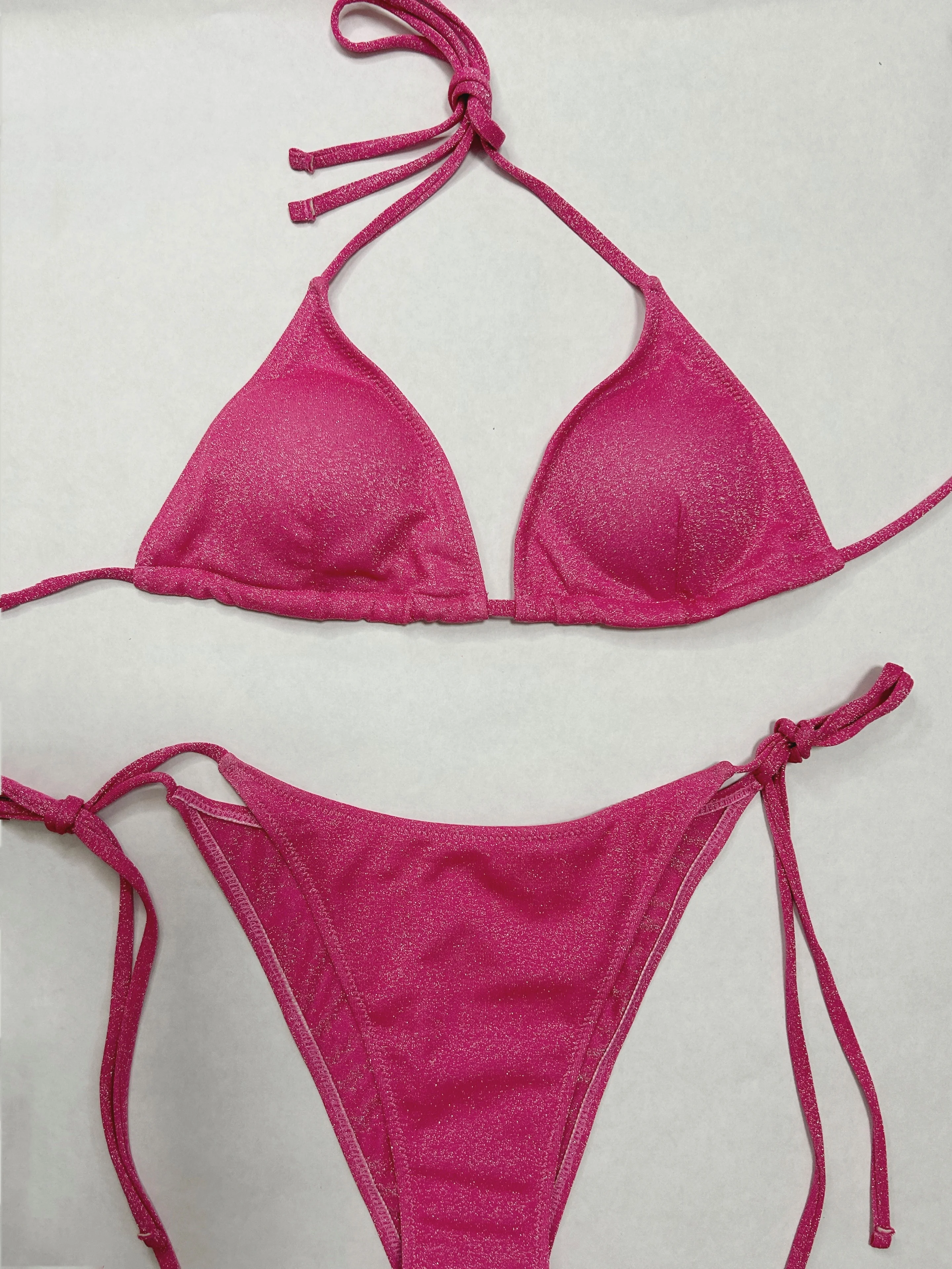 2024 Roze Tweedelige Bikini Sets Dames Frosted Badpak 2 Stuks Sexy Effen Aparte Badmode Vrouwen Glitter Pailletten Bikini Pak