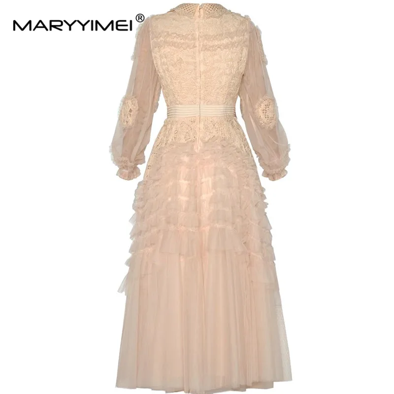 MARYYIMEI Spring and Summer Women's Ball Gown Dress Lantern Sleeved Mesh Edible Tree Fungus Edge Hollow Out party evening Dress