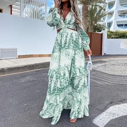 Autumn New Long Dress Fashion Print Sexy Deep V-neck Long Sleeved Dress Women's Elegant Hollow Out Ruffle Spliced Maxi Dress