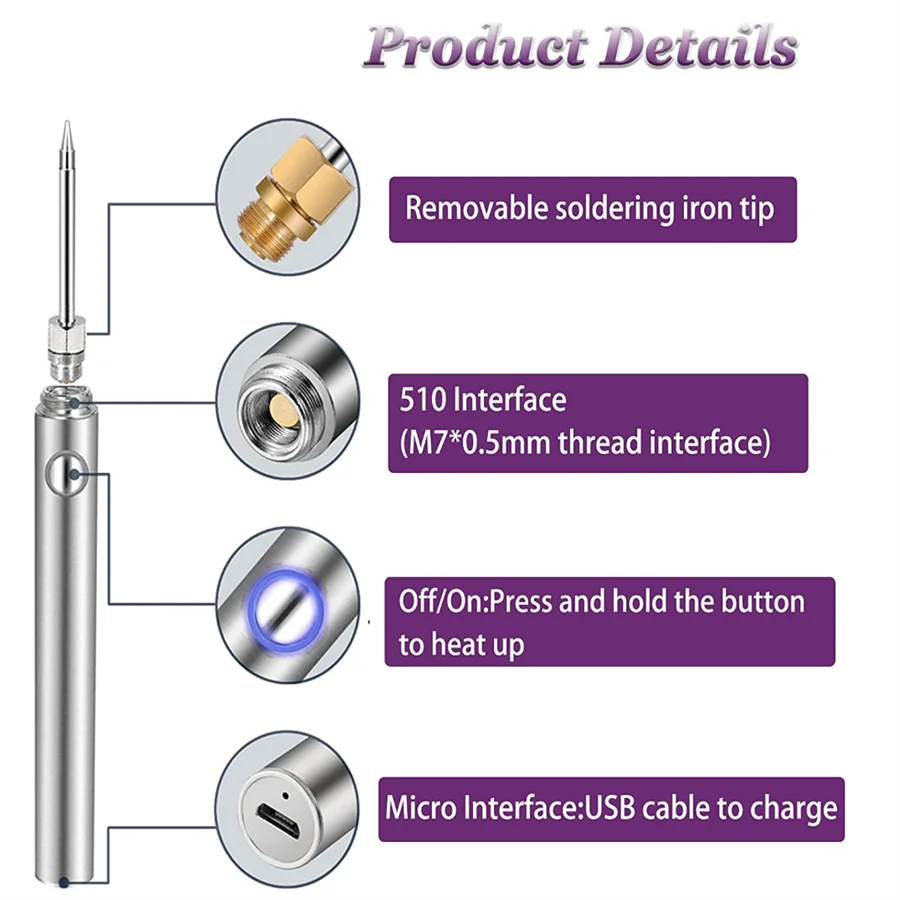 Cordless Soldering Iron Tool Pen Portable USB 5V 8W Electric Powered 3 Tip Kit Rechargeable and Temperature Adjustment