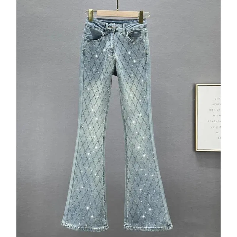 

Европейские тяжелые промышленные джинсы с горячими бриллиантами, новые весенне-осенние тонкие эластичные джинсовые брюки с высокой талией, женские повседневные длинные джинсовые брюки