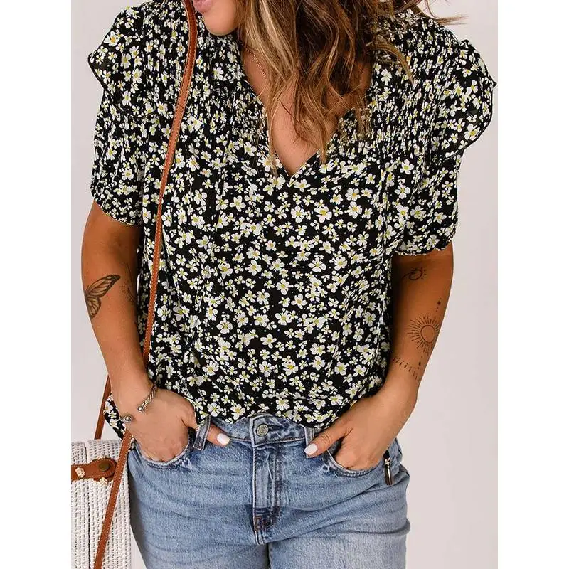 

Women's Summer New Loose V-ne Pullover Floral Chiffon irt Cleanfit Sle PU Leather Regular Sve Lace Snowflake Design