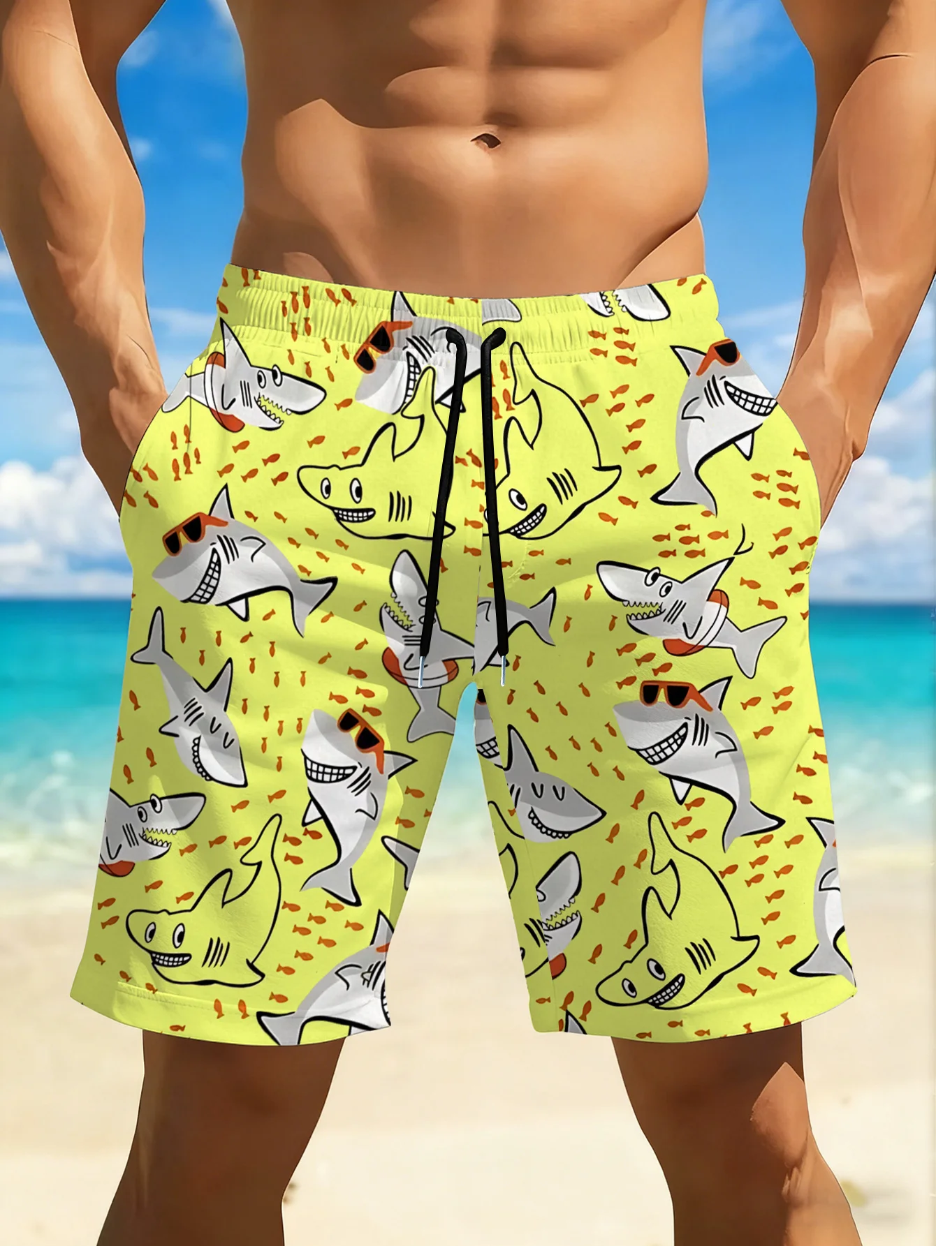 

Men'S Quick-Drying Swimming Trunks Vibrant Shark Beach Print Design, Casual, Suitable for Beach, Pool Breathable