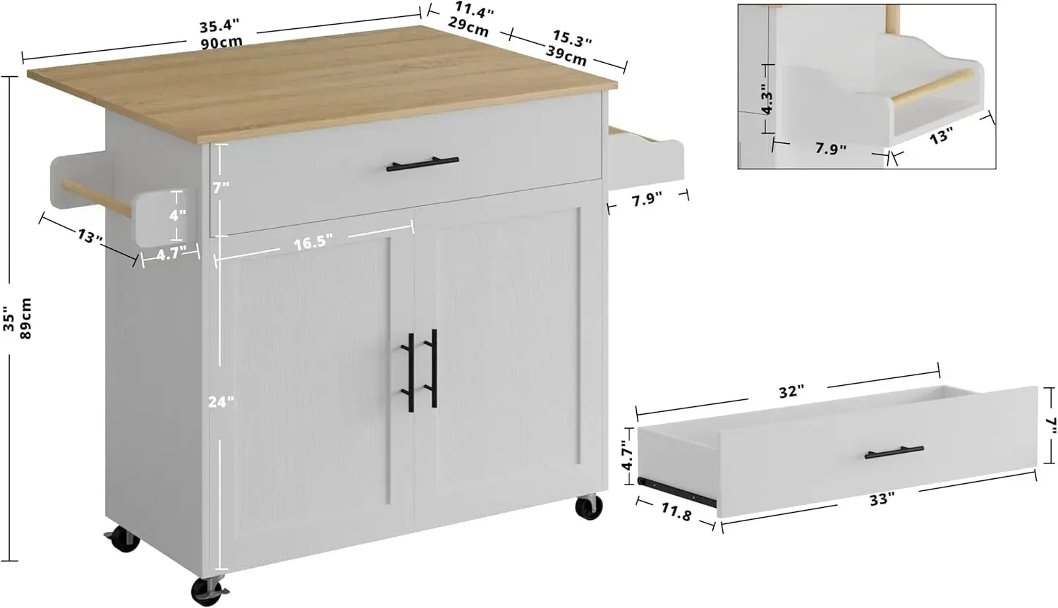 Rolling Kitchen Island Table on Wheels with Drop Leaf, Storage Cabinet, Drawer, Spice Rack, Towel Rack, Kitchen Cart, White