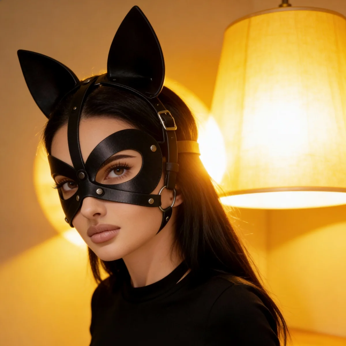 Black Adjustable Punk Gothic Cat Ear Mask, Faux Leather Rivet Decor Face Mask, Edgy Dark Style Costume Accessory for Halloween R