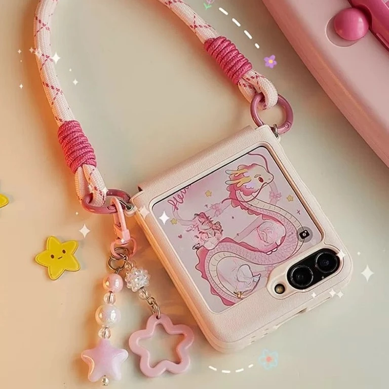 Funda para Teléfono con Correa y Colgante de Estrella para Samsung Galaxy Z Flip 7 7FE 6 5, para Motorola Razr 70 50 60 Ultra, Xiaomi Mix Flip 2