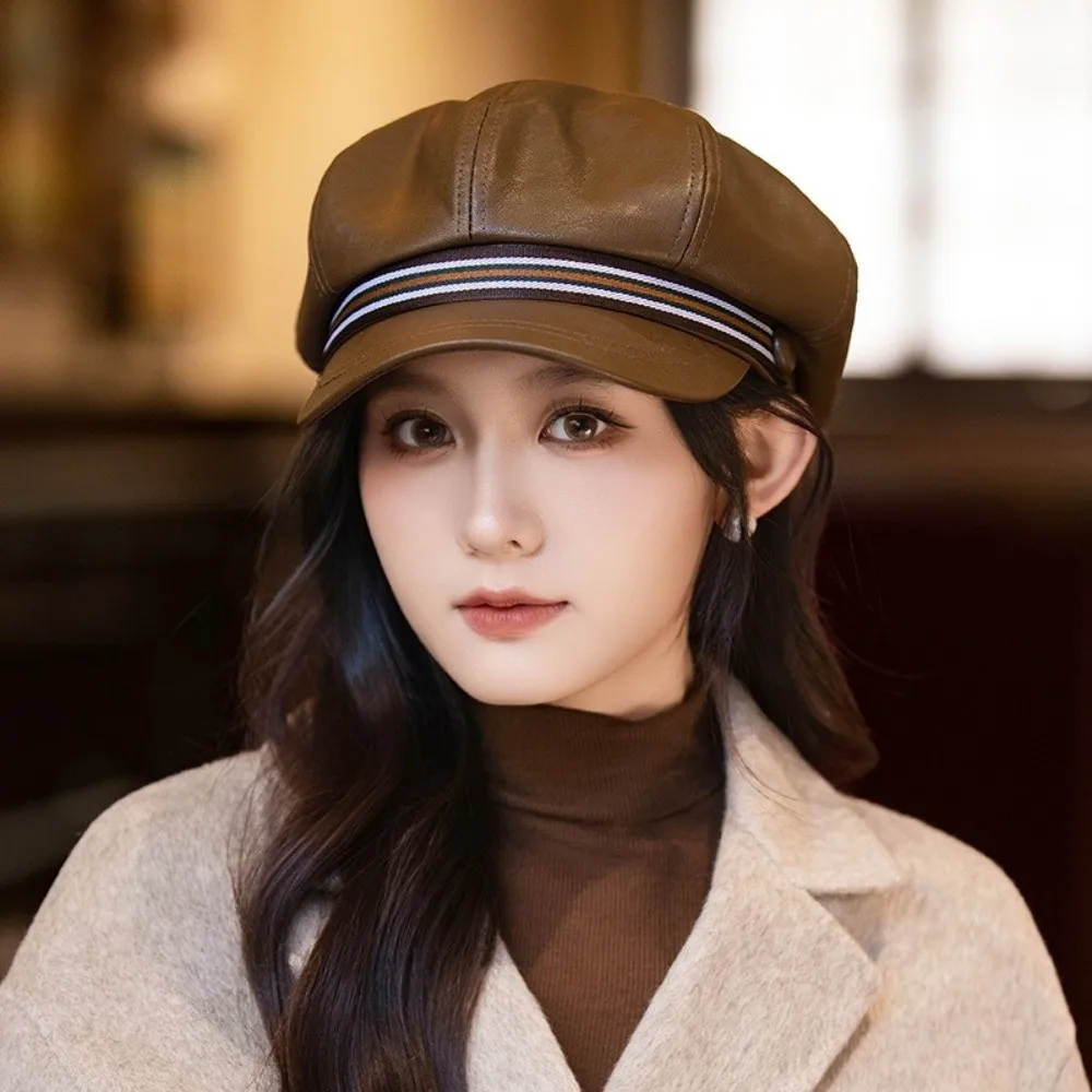 

Retro Stripe Pu Leather Beret Windproof British Style Octagonal Hat Flat Warm Painter Hat Ladies