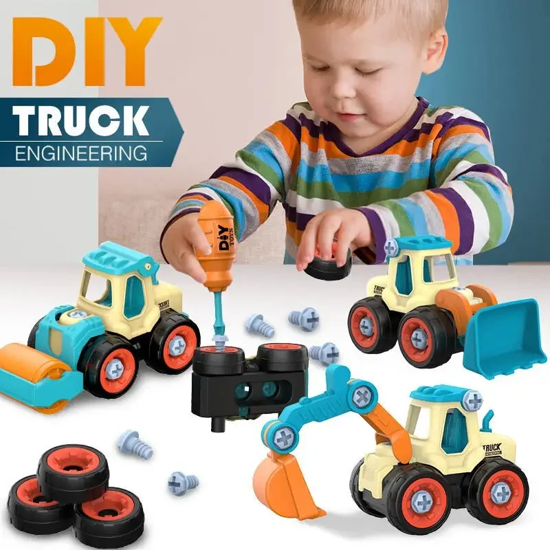 4Pcs Construction Toy DIY Engineering Car Fire Truck Screw Build and Take Apart Great For Kids Boys Educational Toy For Children