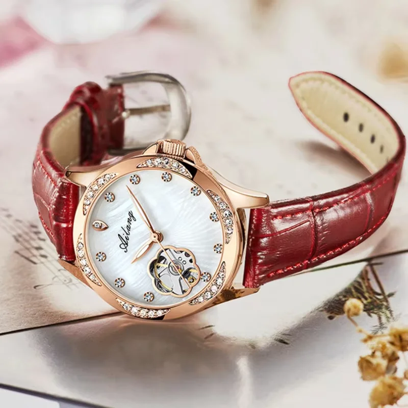AILANG Top Luxury Women Wristwatch Automatic Mechanical Waterproof Watch Calendar Red Leather Watchstrap Lady Watches 2026
