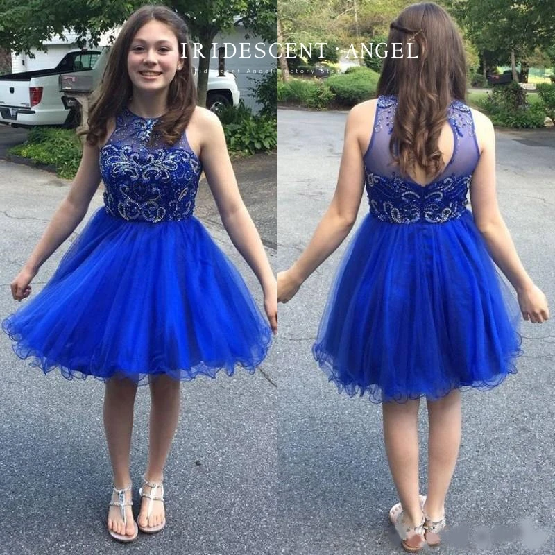 Iridescent Royal Blue Beading Appliques Tulle O-Neck Backless Homecoming Dresses A-Line Sleeveless Short Mini Cocktail Party