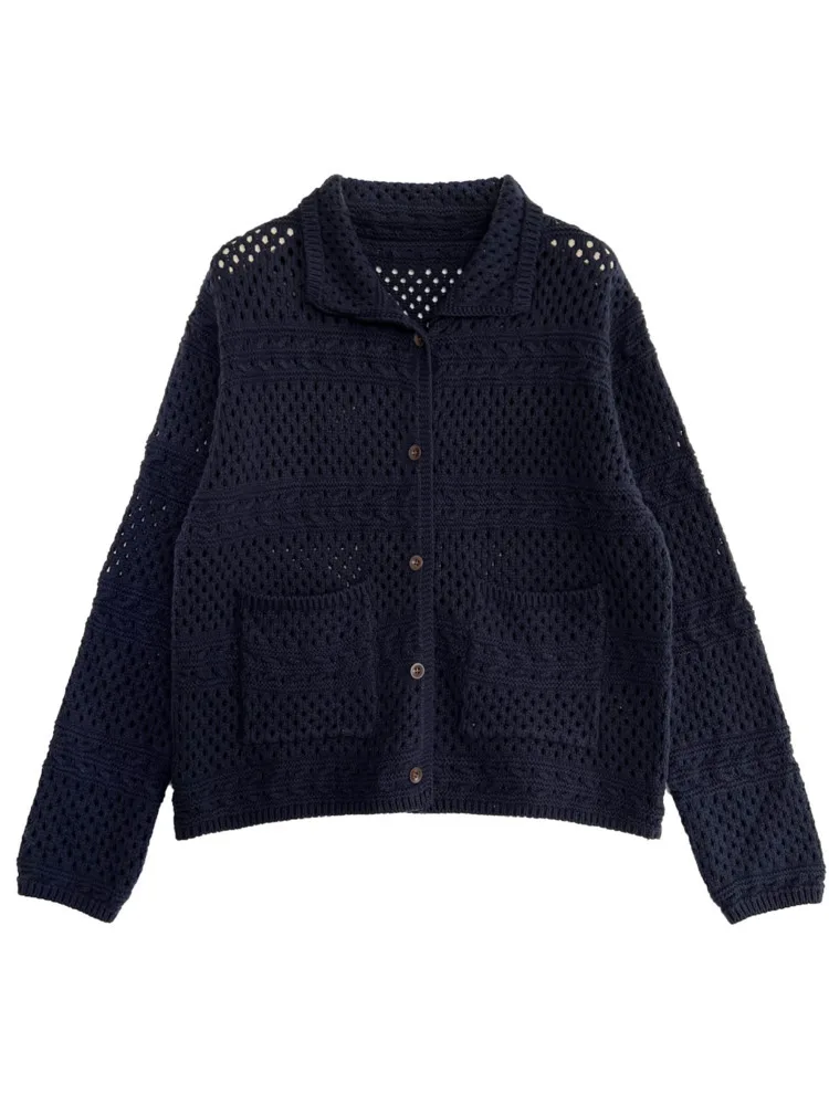 WHTREND 여성용 홀로 니트 가디건 2025 가을 신상품 턴다운 칼라 긴팔 스웨터 탑 WH1270