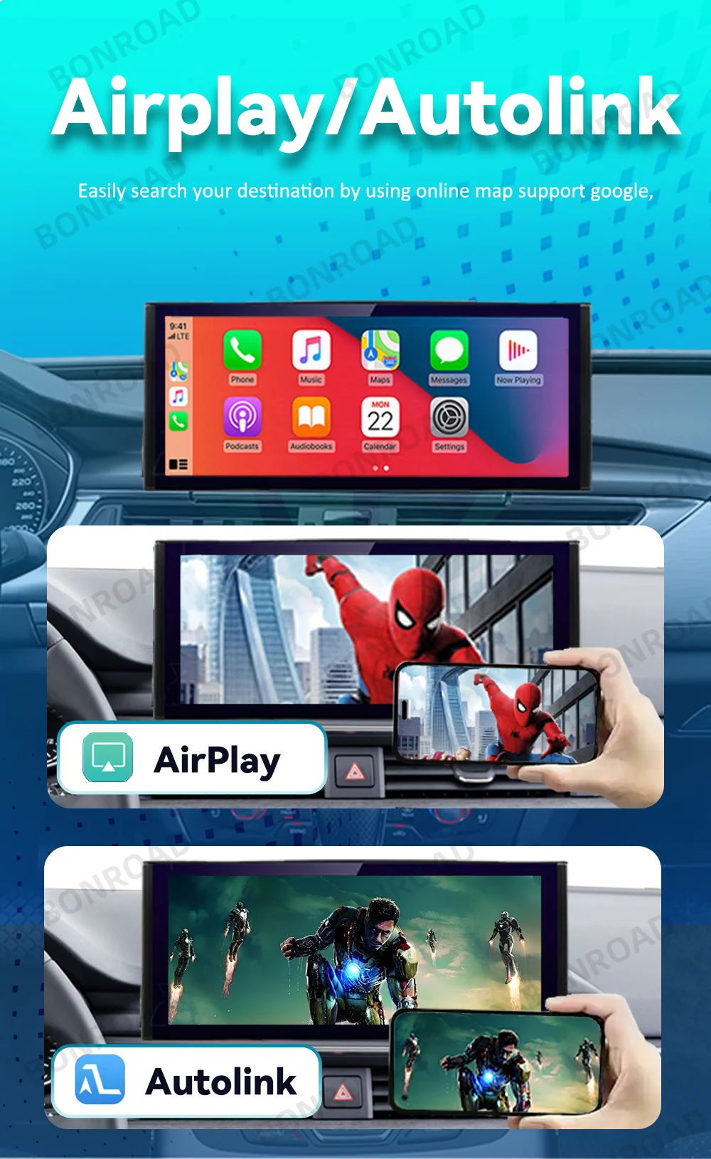 Bonroad 12,3'' Autoradio-Player Multimedia-Bildschirm für Audi A6 C7 A7 2012-2018 Wireless CarPlay Android Auto Airplay AutoLink GPS – Detail 3