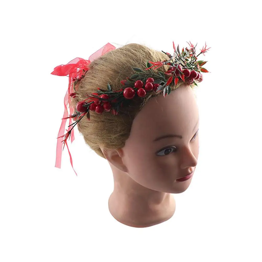 New Year Decoration Wedding Party Hairband Rose Flower Women Headwear Red Berry Garland Wreath Decoration Crown Flower Headband