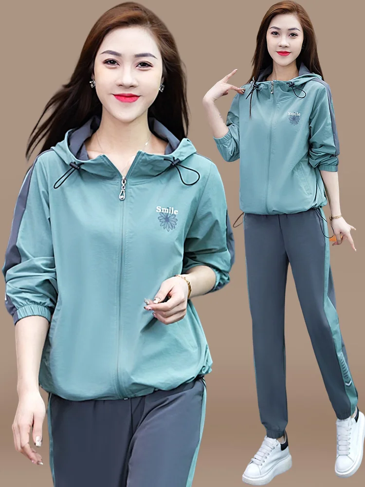 

Casual Running Sportswear Set for Older Women Spring Autumn Faionable Loose Fit Long Pants Zipper Closure Color