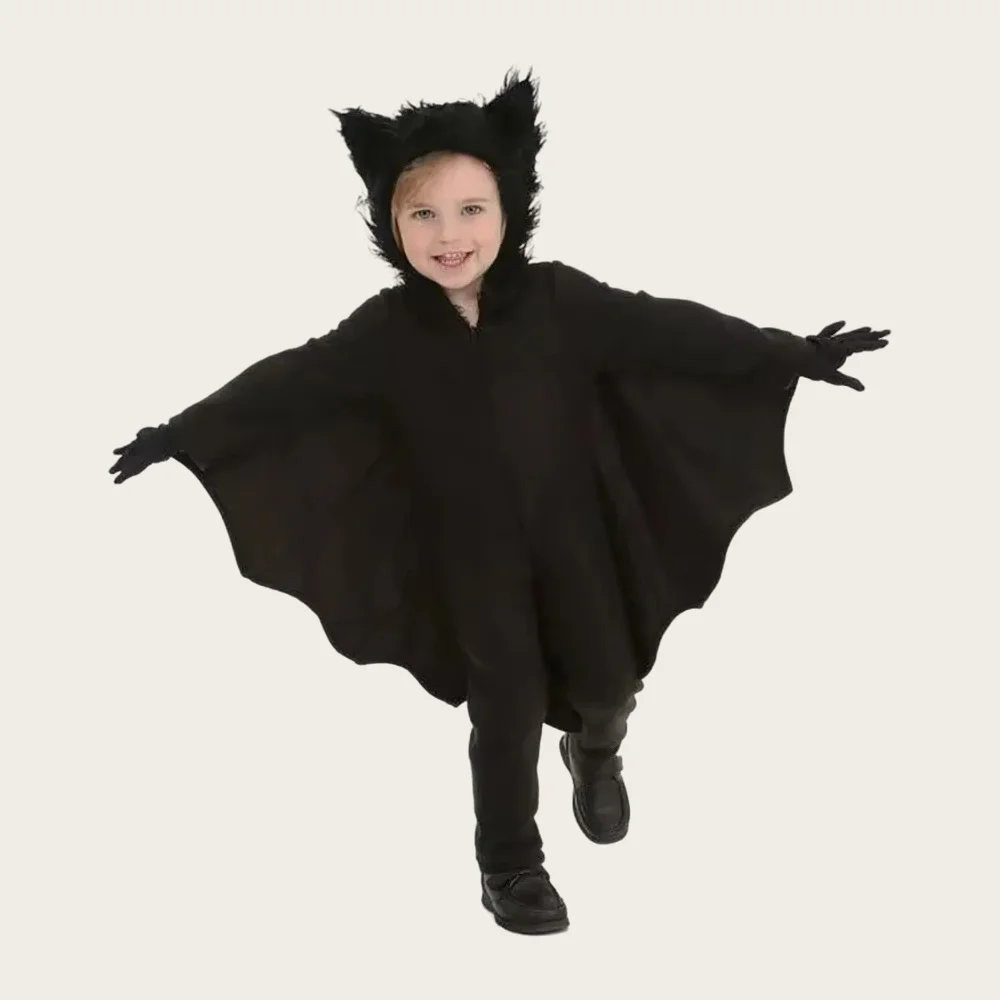 Halloween Unisex Teenage Kids Performance Costume Bat Cape Overall Black Batwing Sleeve Hooded Cloak Stage Cosplay