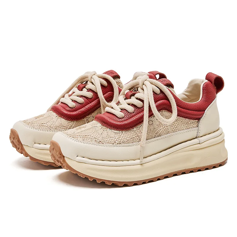 2026 New 4cm Top Cowhide Premium Mesh Women Trendy Sneakers Spell Colors Temperament Breathable Sneakers Fashion Casual Shoes