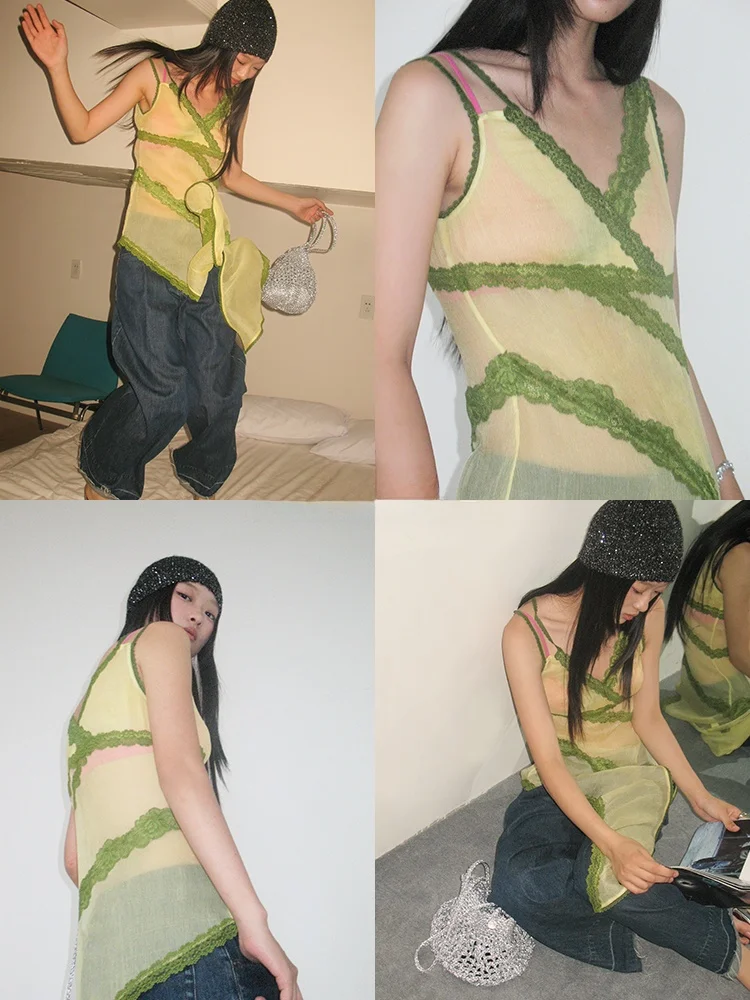 

Шелковый кружевной укороченный топ с асимметричными бретелями, женский уличный топ средней длины для праздников и танцев, модная весенняя коллекция