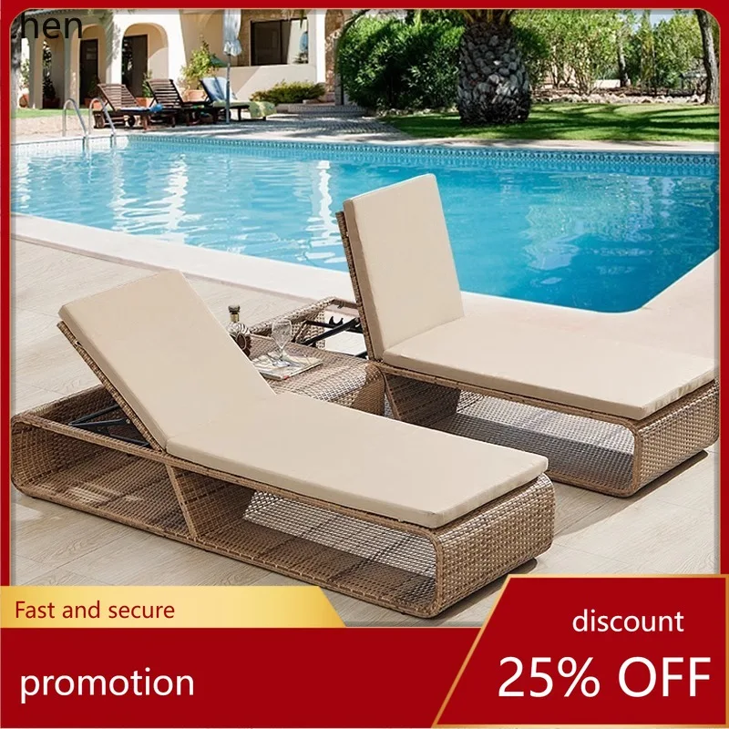 

HT outdoor bed rattan lounger beach pool teak waterproof sun protection hotel leisure