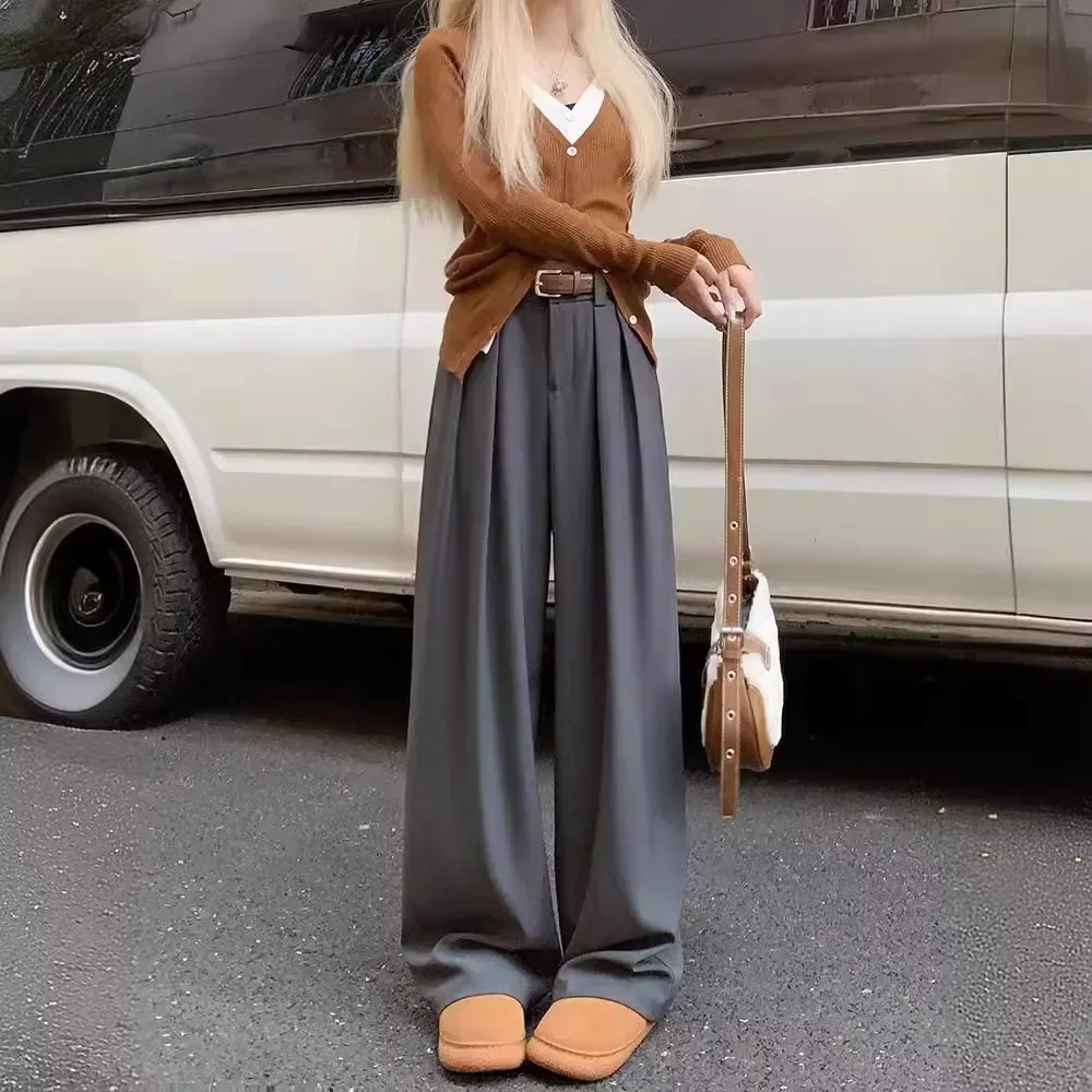 New Spring Women's Loose Draped Casual Suit Pants Korean Baggy Pants High Waist Straight-leg Mop Long Trousers Y2k