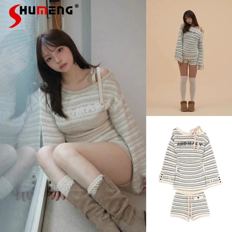 

Вязаный топ в японском стиле Лолиты в милую полоску с открытыми плечами и длинными рукавами + мини-вязаные шорты, комплект из двух предметов, женская одежда