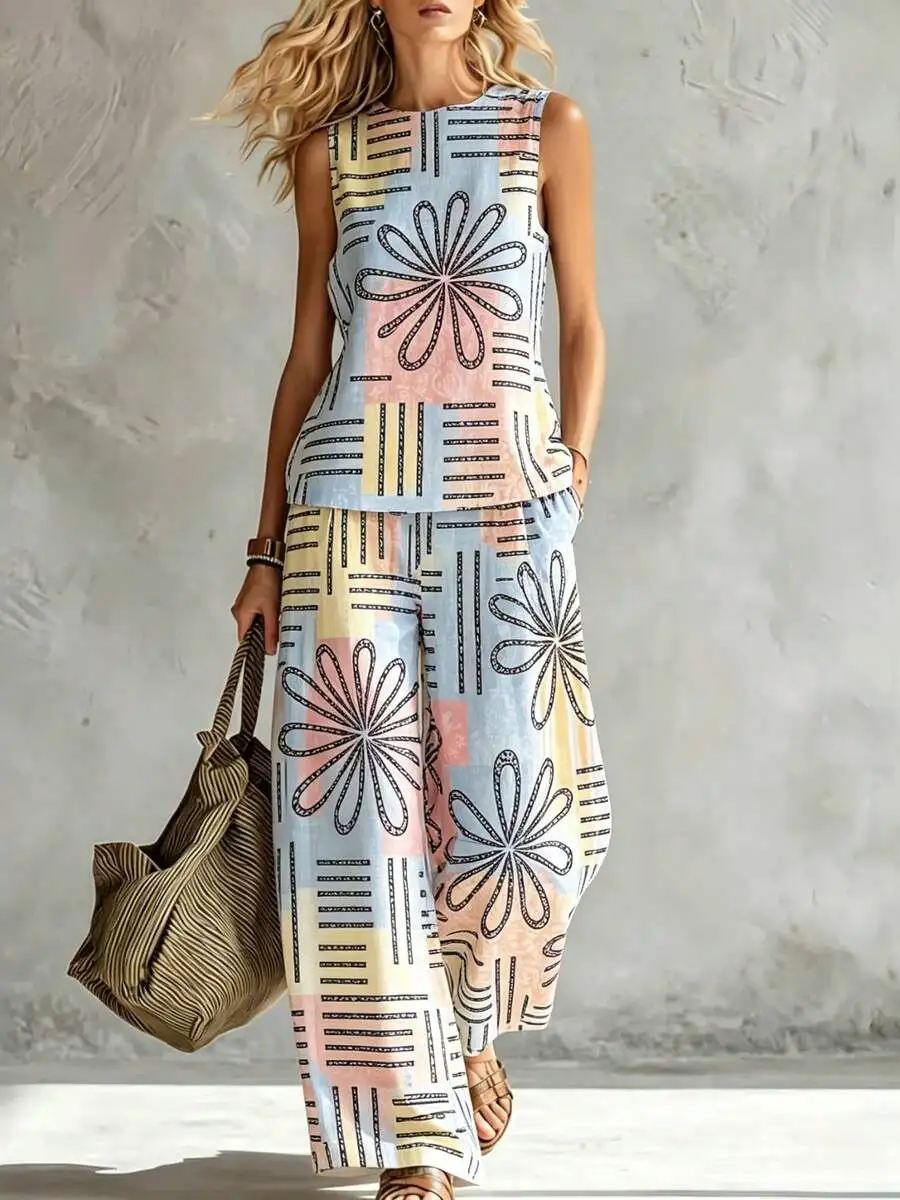 

Womens Casual Tank Top And Wide Leg Pants Two-Piece Set With Geometric Floral Print