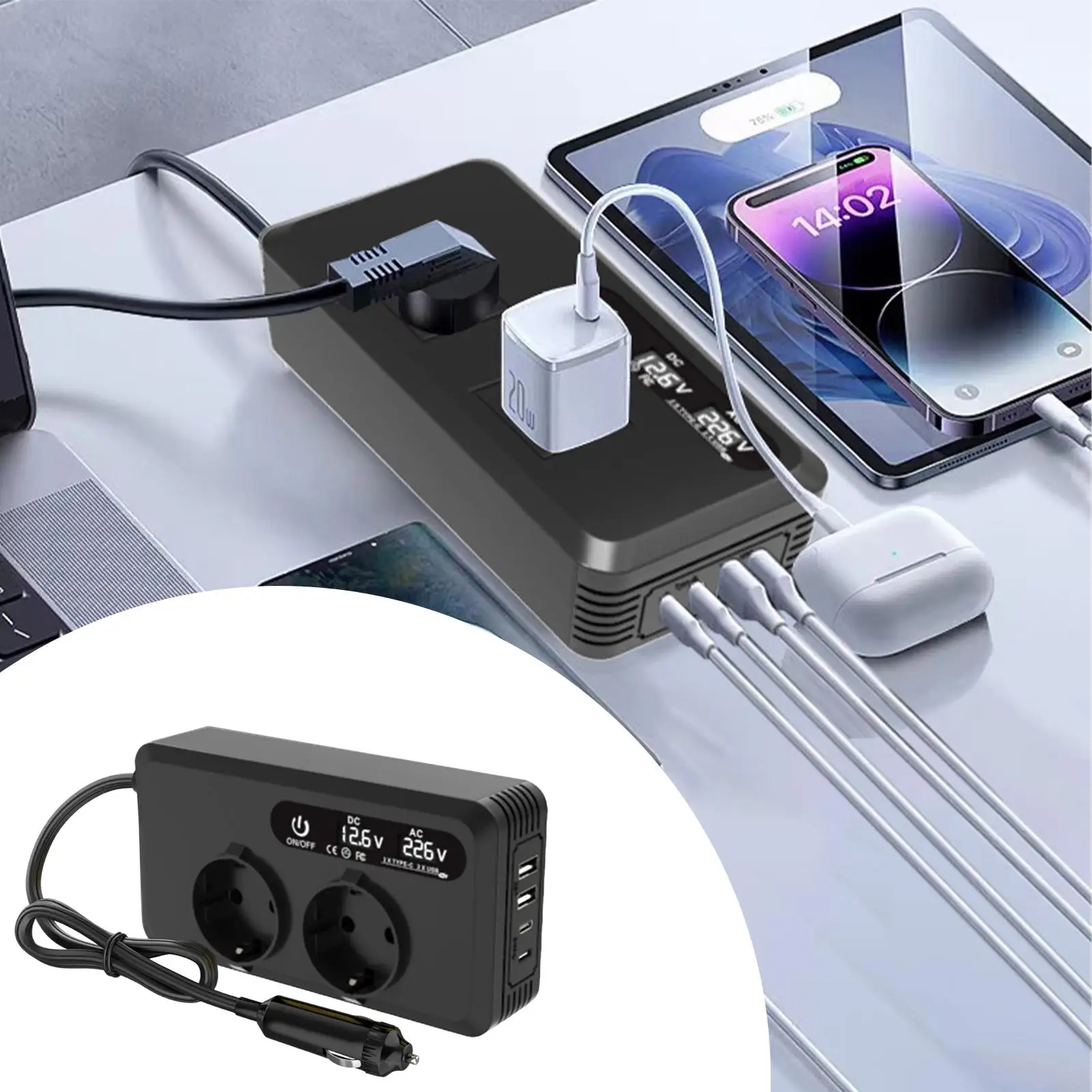 

200W Car Plug In Inverter Portable Vehicle Adapter Battery Inverter Intelligent Versatile Charger Travel Adapter For Drones Cell