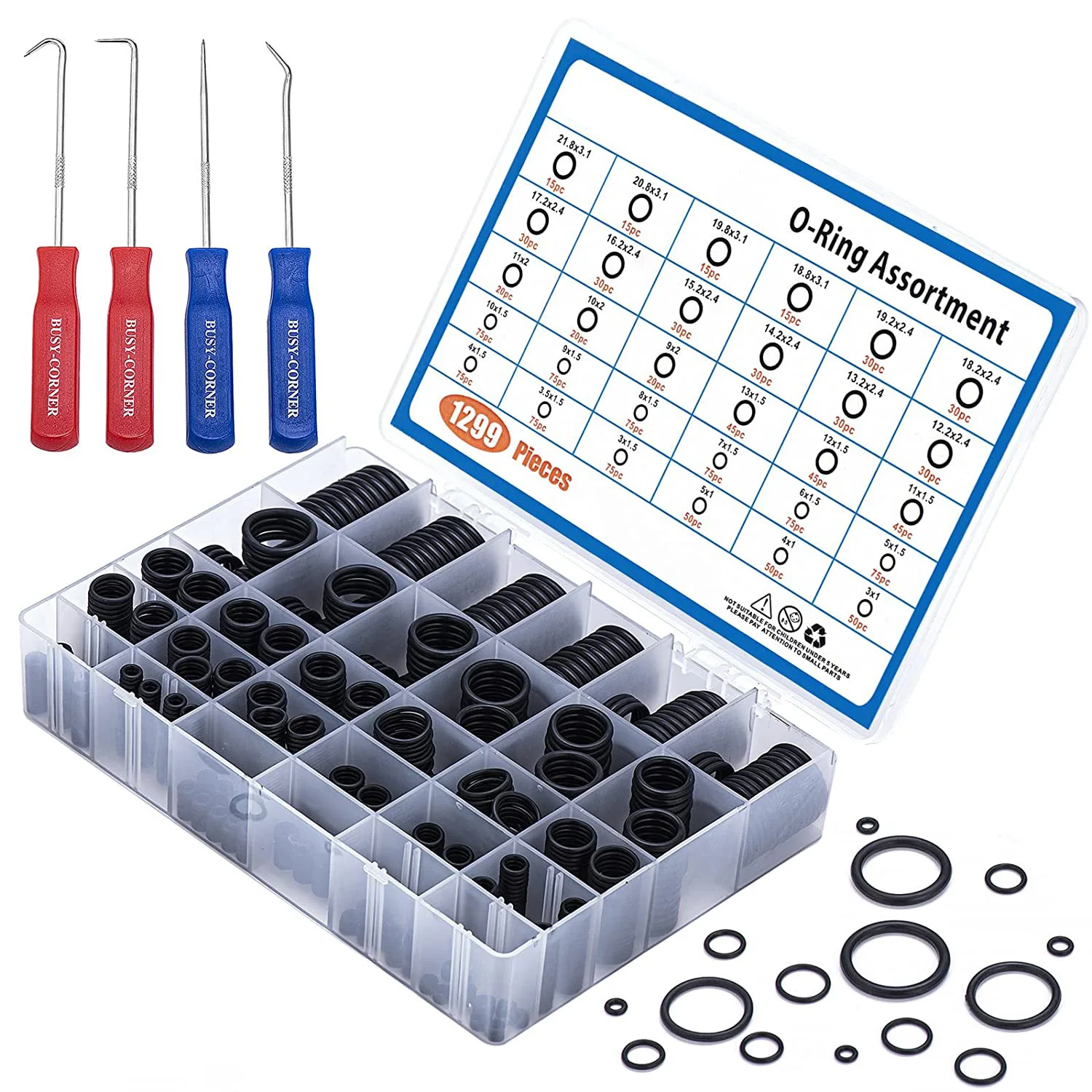 1299 PCS O-Ring Kit with 4 PCS O Ring Pick & Installation Remover Tools 30 Metric Sizes Nitrile Rubber Orings Kit