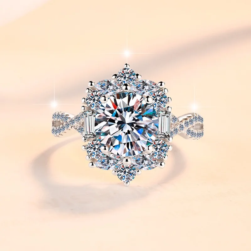 Matte finish creates light contrast of floral starry ring for women with 2ct moissanite beside textured PT950 platinum mounts
