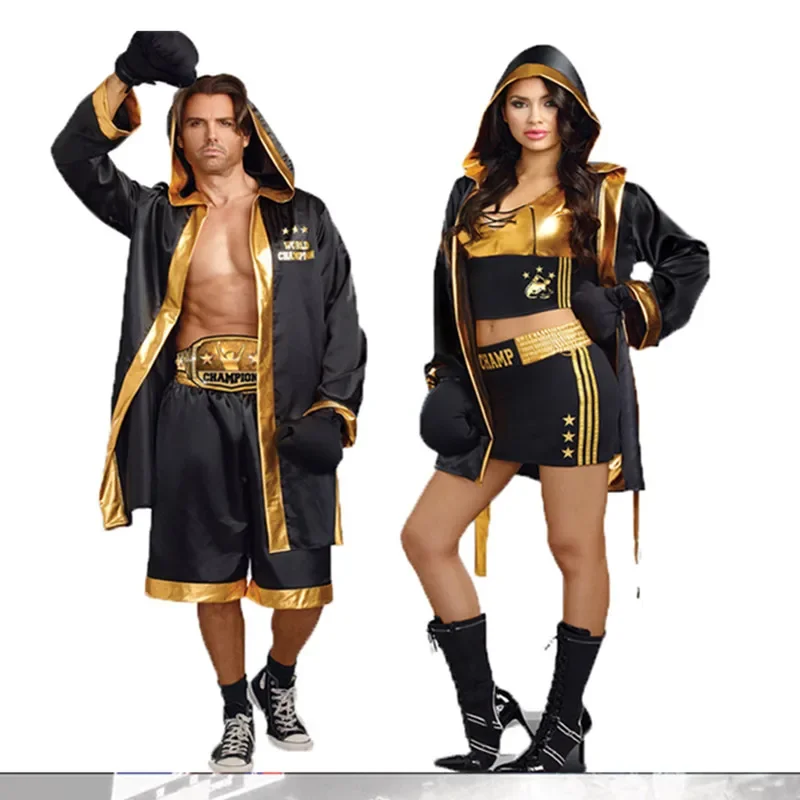 

Sexy Women Men Boxer Costumes Black Cool Men Fancy Suit For Male Role Play Boxer Costumes Halloween Adult Couples Costumes