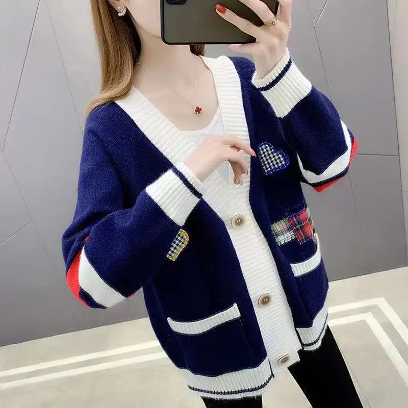 

Women's Fashion Knitted Outer Wear Cardigan Knitted Sweater Autumn Loose Slimming Stitching Jacquard Coat Long Cardigan Women