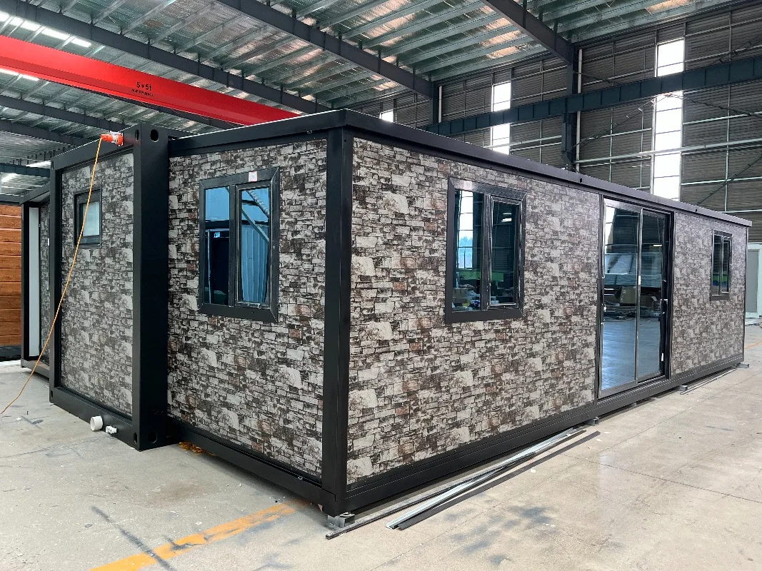 20ft 40ft Double Wing Expandable Container House Steel Structure Prefab Home Wood Grain Siding Large Windows Farm Worker Housing