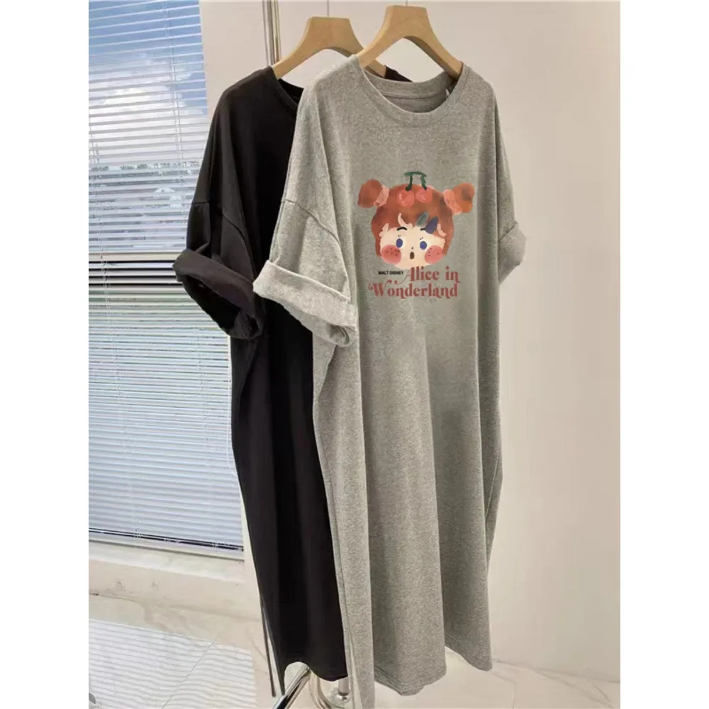 ชุดเดรสแขนสั้นพิมพ์ลายการ์ตูนน่ารักสไตล์ฤดูร้อนหวานสบายๆ ทรงหลวมขนาดใหญ่สำหรับผู้หญิง