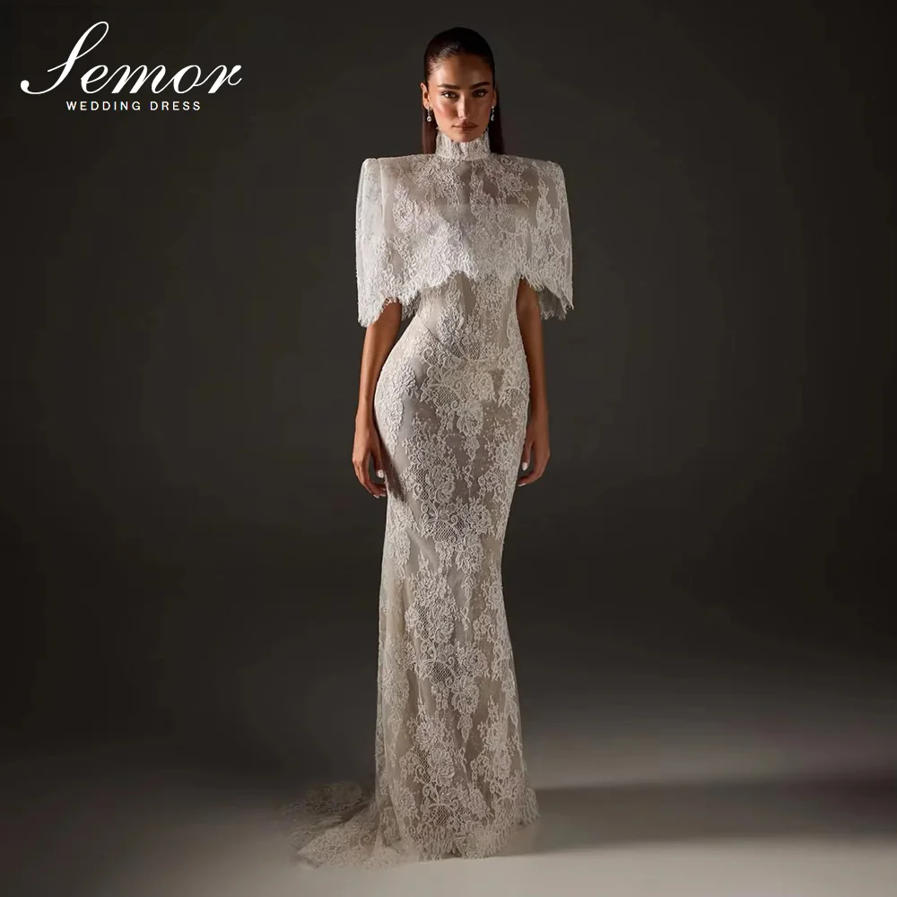 Semor Ivory Lace Mermaid Wedding Dress with Shawl Cloak Bridal Gown Floor Length Exquisite Party Dress robe de mariée Customized