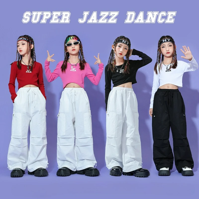 

Детская одежда в стиле хип-хоп: белая укороченная куртка-рубашка, черные повседневные брюки карго для девочек, костюмы для джазовых танцев