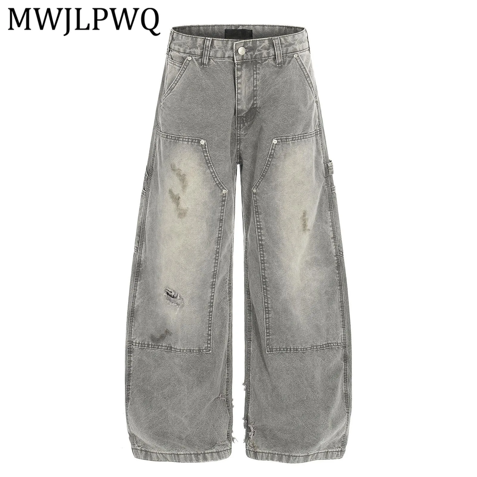 

MWJLPWQ American Street Style Unique Design Casual Pants Unisex Washed Distress Male Loose-Fit Wide Leg Trousers Spring 15099