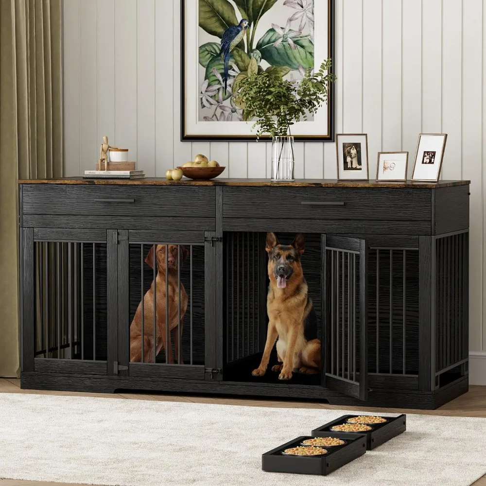 

Large Wooden Dog Crate with Storage and Feeding Accessories for Two Dogs