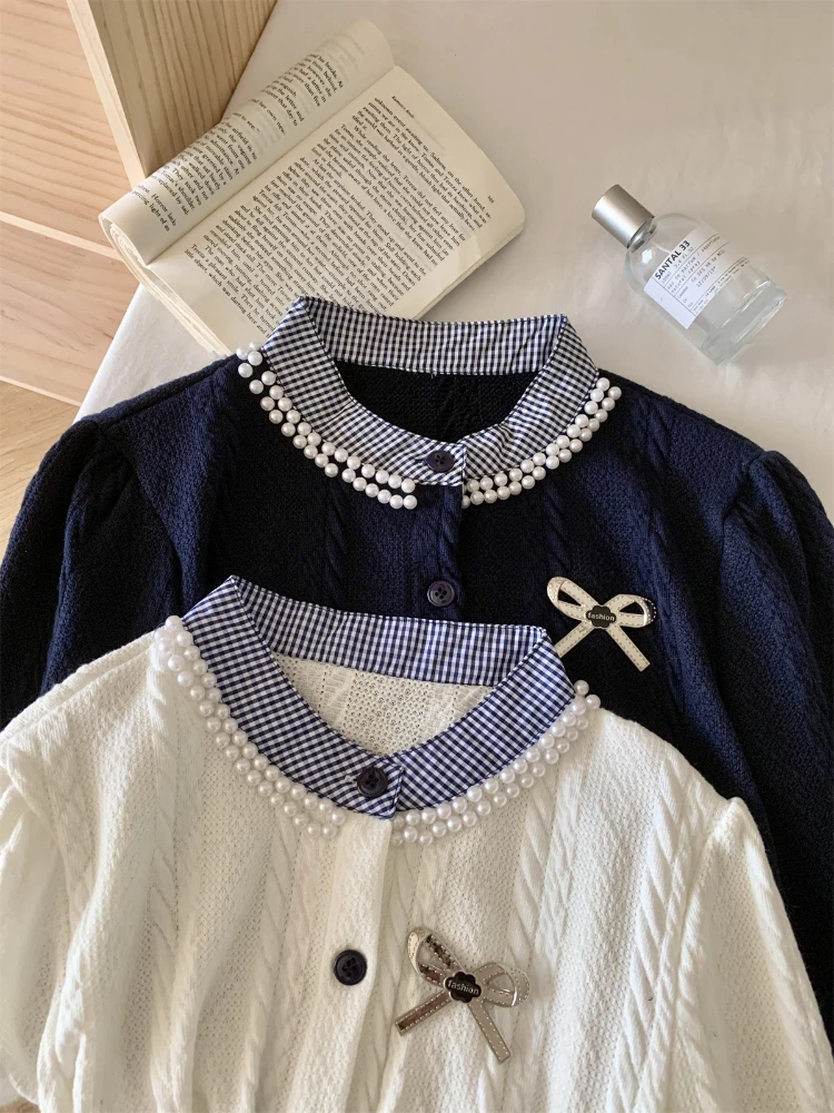 الحلو Preppy أعلى المرأة الخريف الشتاء القوس وهمية قطعتين اللون كتلة متماسكة سترة التلبيب زر تصميم الرجعية شيك أنيق الزي