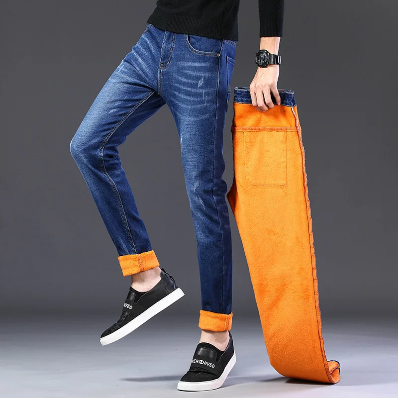 Slim Fit Jeans Voor Heren Met Kleine Voeten Casual Pluche En Verdikte Herfst En Winter Rechte Pijpen Lange Broek Koreaans Trendy Merk