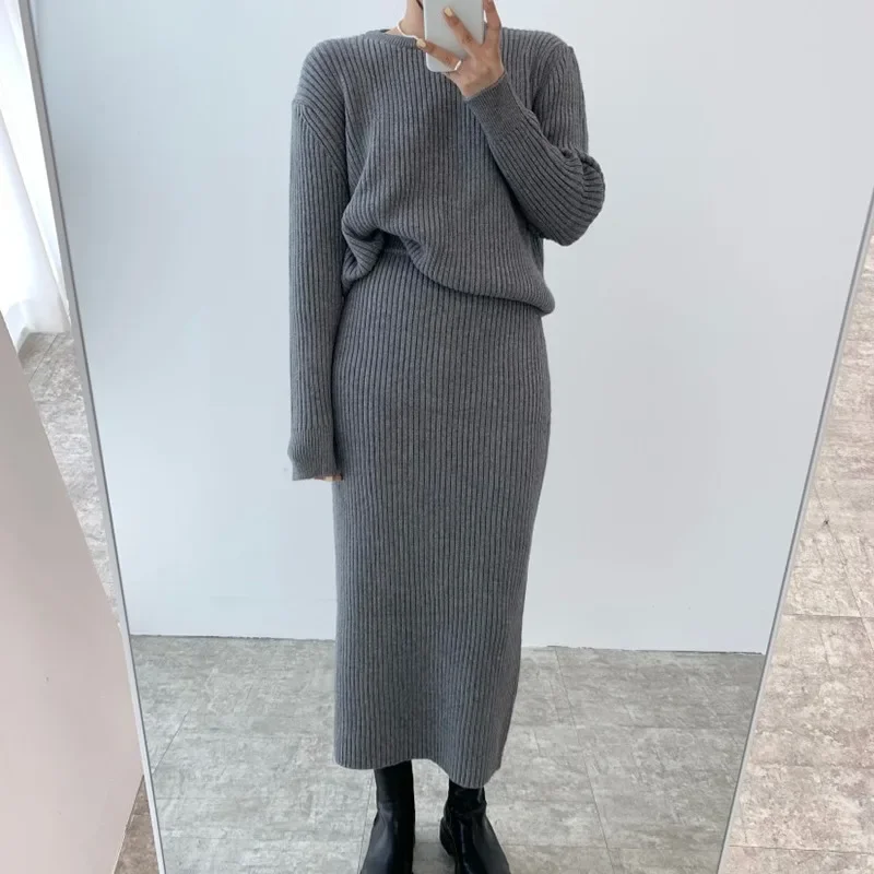 Neploe Korean Elegant O-neck Long Sleeve Knitted Sweaters+ Y2k High Waist Bodycon Skirts 2024 Autum New Two Piece Sets