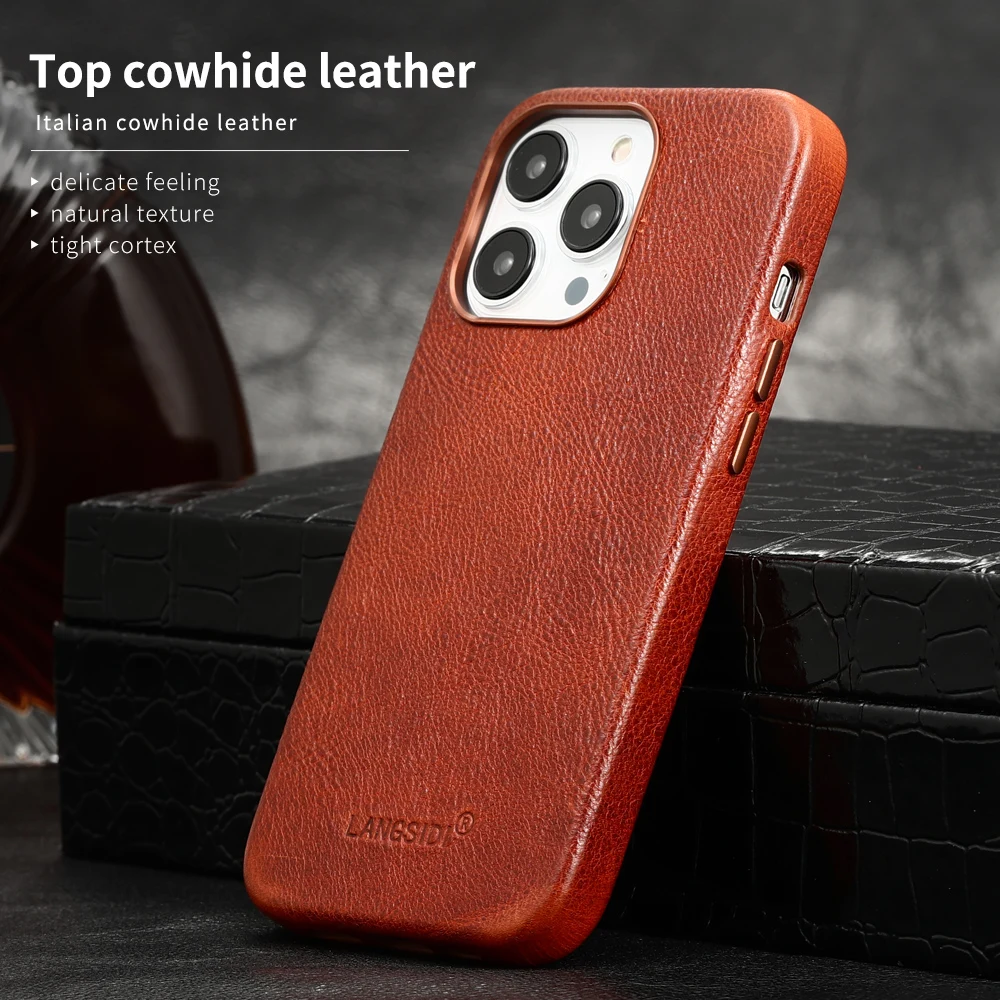 

Genuine Leather for iPhone 14 13 Pro Max Case 14pro Phone for Magsafe Magnetic Wireless Charging Full Protective Back Cover