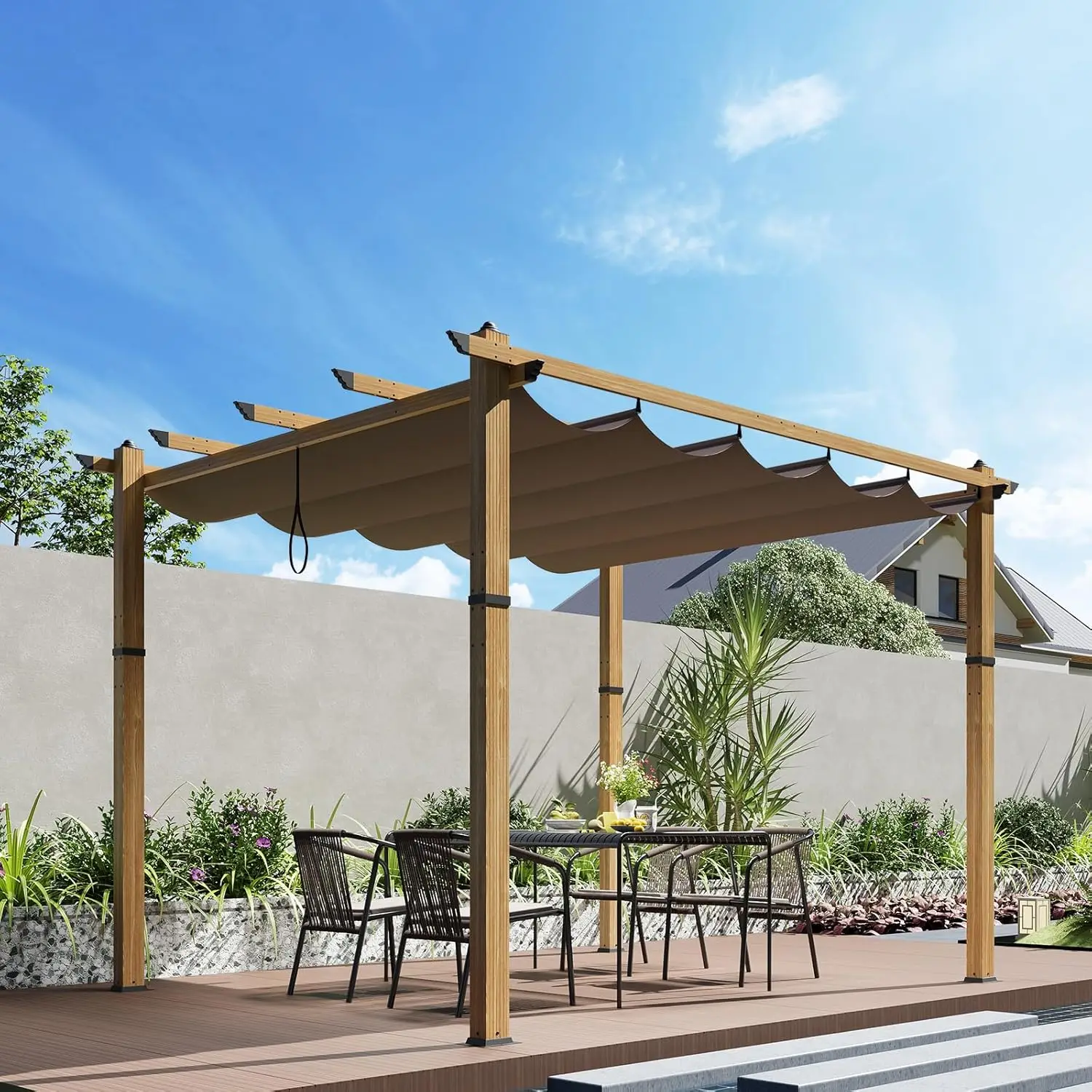 

10' X 10' Outdoor Wood Grain Aluminum Heavy Duty Pergola with Sun Shade Canopy Applicable to Garden Porch Beach Pavilion Grill G