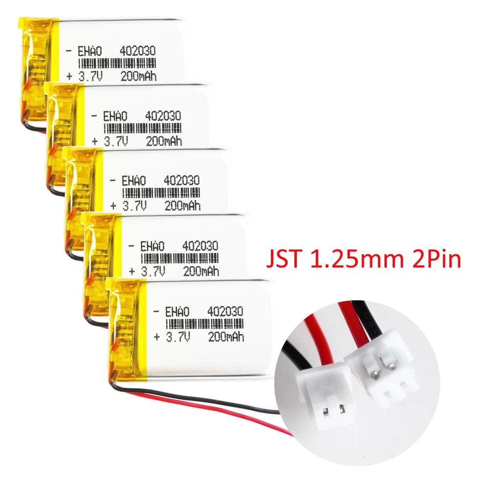 5 pcs 3.7V 200mAh Polymer Lithium Lipo Battery Rechargeable 402030 + JST 1.25mm 2Pin Plug CE FCC ROHS MSDS quality certification