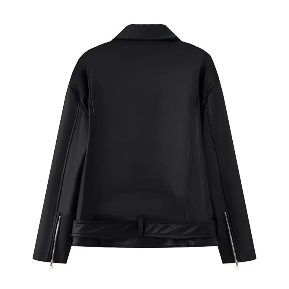 top ampio da donna in ecopelle con risvolto a maniche lunghe con cerniera tasca in vita bottone cintura autunno e inverno nuovo stile coo