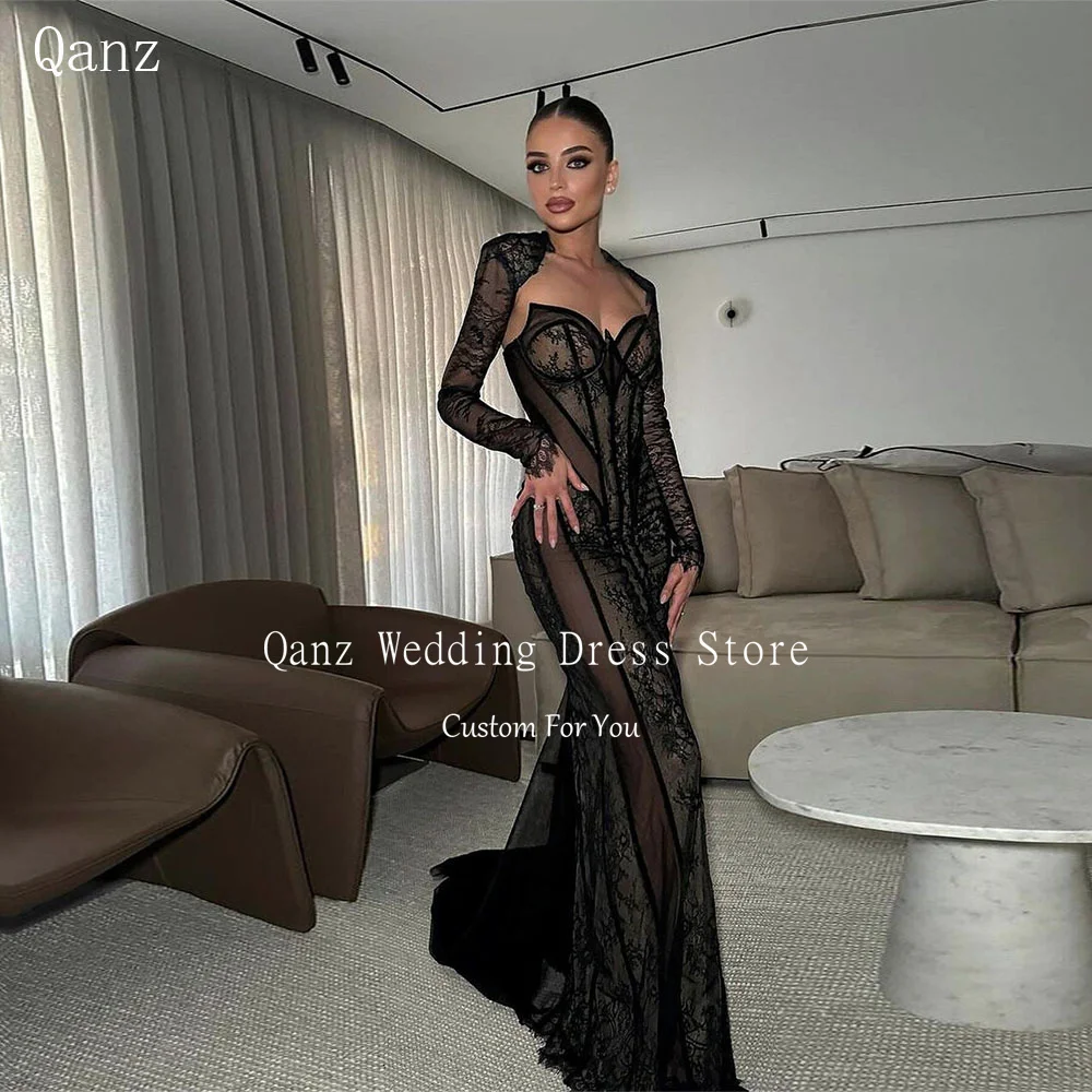Qanz Sexy Black Mermaid Party Dresses Full Lace Long Sleeves Evening Gowns Night Event Vestidos Para Club Prom Dress Customized