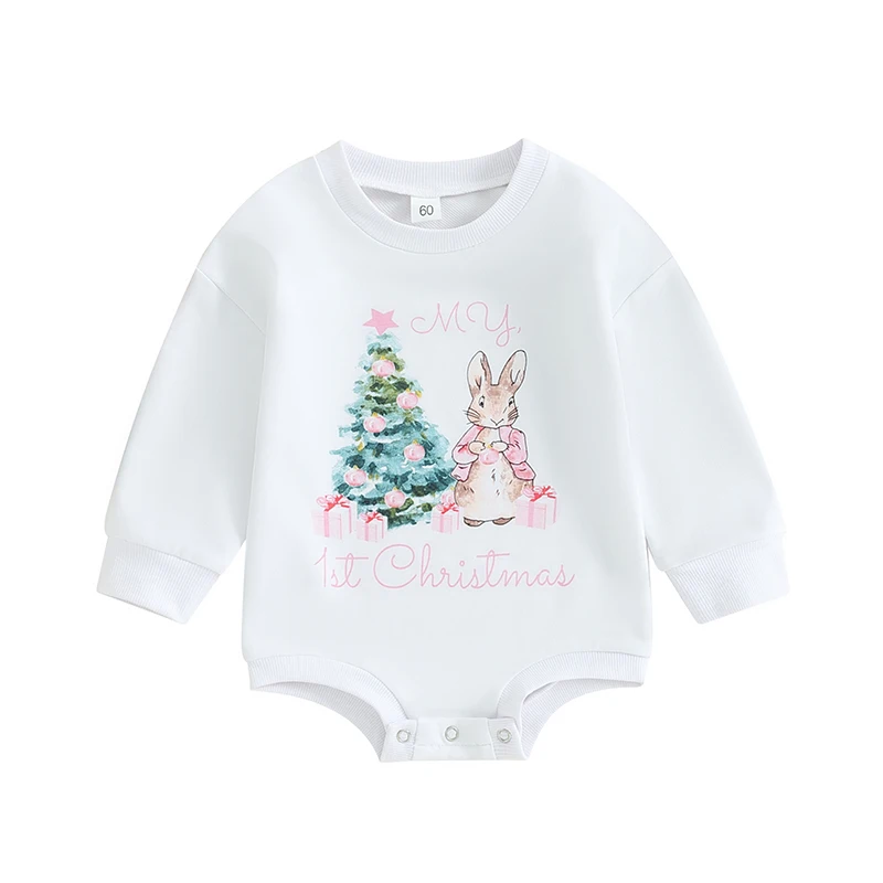 Baby Girls Christmas Sweatshirt Romper Long Sleeve Crew Neck Tree Rabbit Print Bodysuit Jumpsuits Xmas Child Clothes Outfits