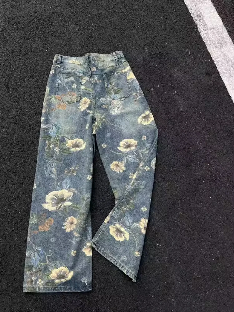 

Широкие джинсовые брюки с высокой талией и цветочным принтом, длинные брюки в американском стиле ретро с дизайном Cleanfit, молодежный тренд