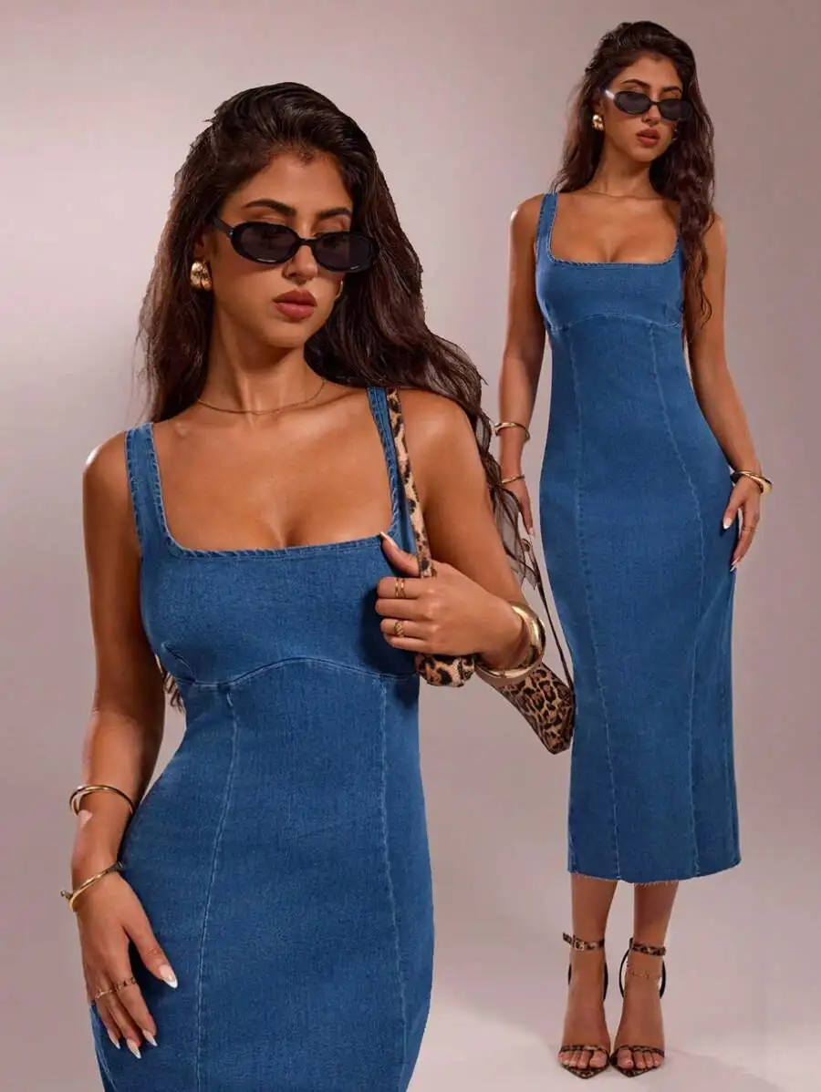 

Темно-синее джинсовое платье миди с квадратным вырезом без рукавов, облегающий крой, для повседневного и элегантного образа