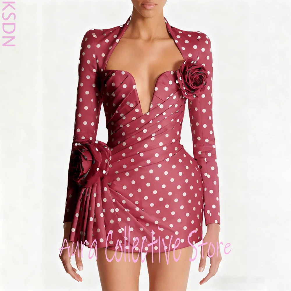 Sexy Handmade Flowers Patchwork Polka Dot Prom Cocktail Gown Customized V-Neck Long Sleeved Draped Bodycon Burgundy Mini Dress