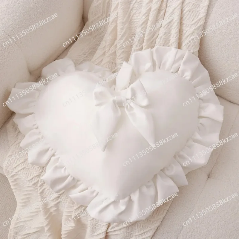 Cute Love Heart Cushion Solid Color White Throw Pillow Wedding Decorative Princess Bed Sofa Modern Home Decor Bow Cushion